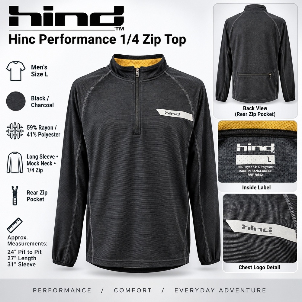 Hind Performance Mens 1/4 Zip Top Black Charcoal Large Rear Pocket Running